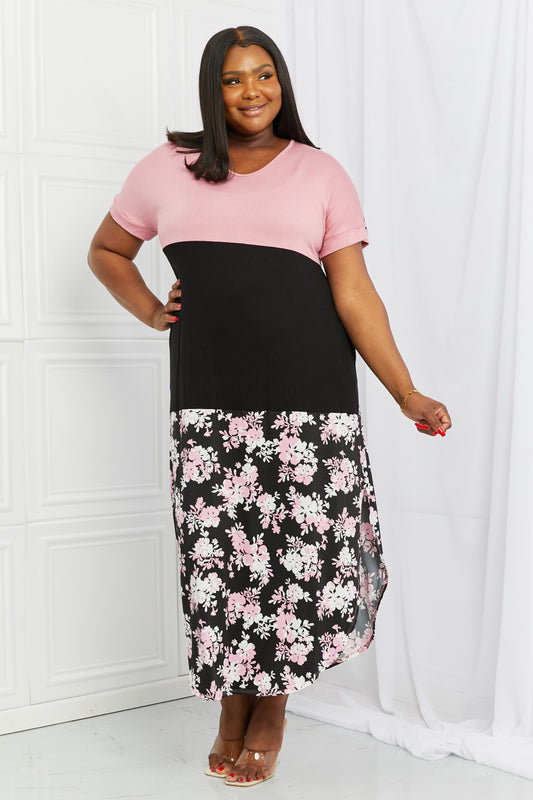 Spring Forward Full Size Color Block Midi Dress in Mauve/Black