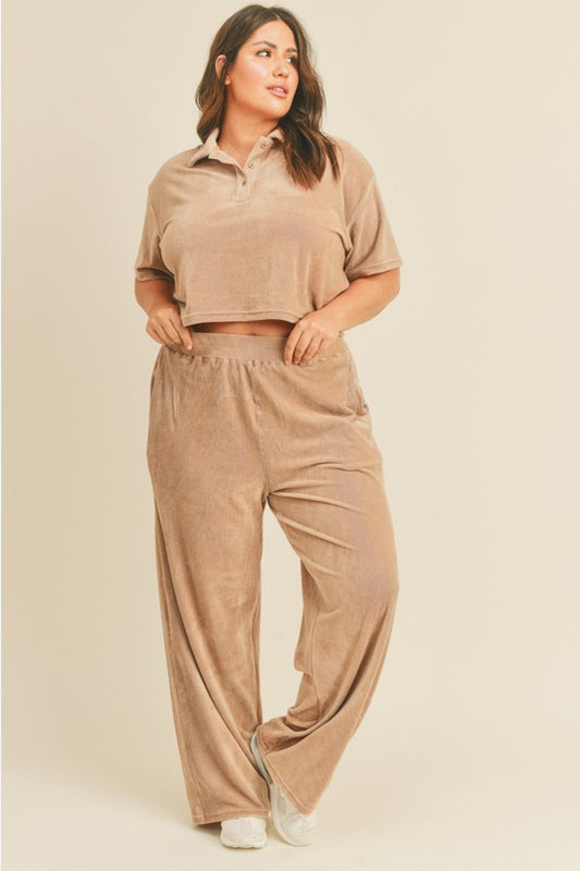 Cropped Polo Shirt and Wide Leg Pants Set in Taupe