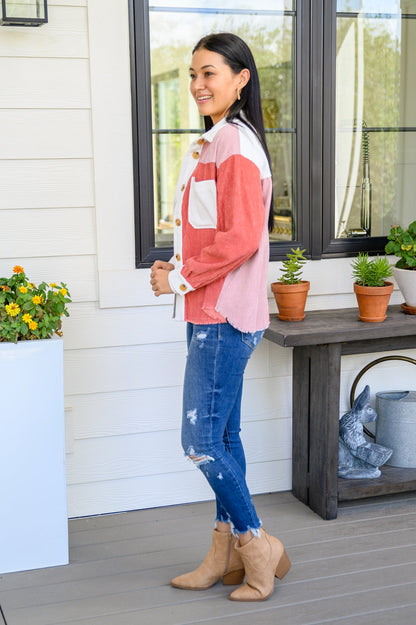 Draw You In Corduroy Color Blocked Shacket In Mauve