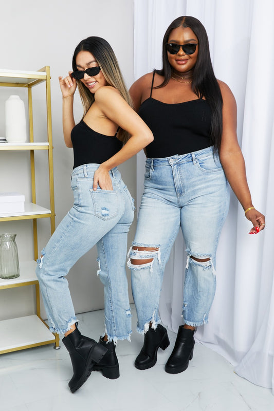 Distressed Fringe Hem Cropped Jeans
