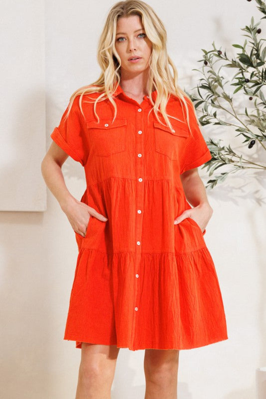 Button Front Tiered Shirt Dress